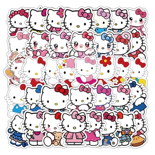 50Pcs Cartoon Cute Kitty White Hello Kitty PET Transparent Stickers Pack Decal for Water Bottles Cup Laptop Phone Guitar Car Bike,Kid/Teen Gift JKT