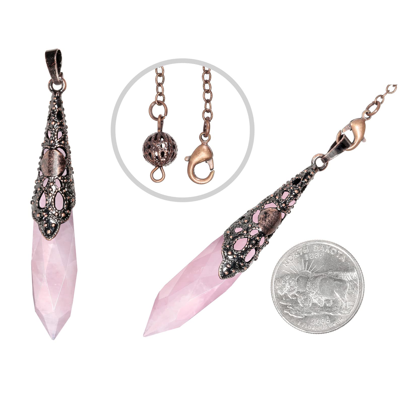 Nupuyai Rose Quartz Crystal Stone Point Pendulum for Scrying Dowsing Divination Faceted Vintage Healing Stone Pendulum with Chain - Image 2