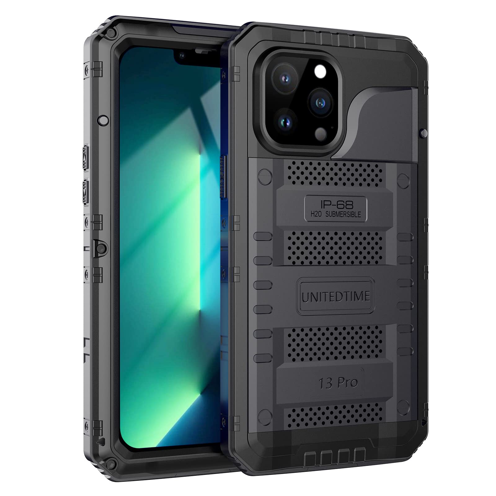 Unitedtime for iPhone 13 Pro Case Waterproof with Built-in Screen Protector Full Body Rugged Hard Silicone, Military Grade Shockproof Dustproof Protective Cover 6.1 Inch Black