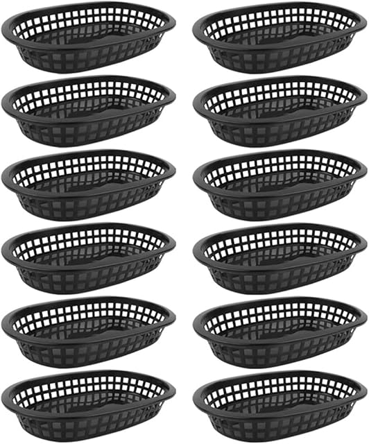 12Pcs Plastic Fast Food Basket, Oval Fruit Basket Burger Hotdog French Fries Baskets Restaurant Serving Tray Snack Bread Platter for Birthday Party Picnic Barbecue (Black)