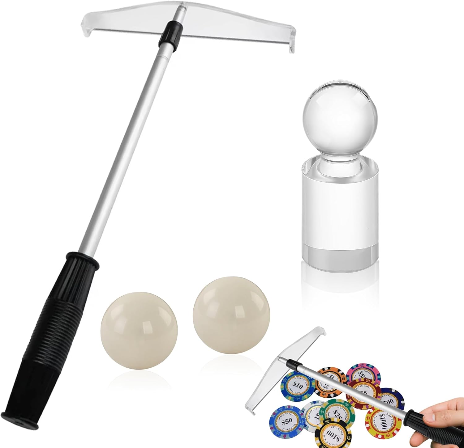 4 Pcs Set Telescopic Roulette Chip Rake and 2 Pcs 15 mm Roulette Balls and Roulette Marker Adjustable Poker Chip Rake Receiving Acrylic Win Marker for Wheel Table Game Set Casino Las Vegas Game