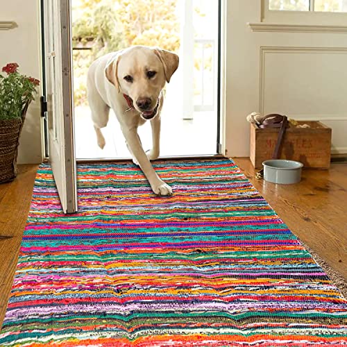 Naqsh Chindi Area Rag Rug 3.5X6 Feet - Eco Friendly 100% Recycled Cotton Colorful Reversible Runner Rugs, Multicolor Hand Woven Home Collection (Multi Color Durrie) #TOP3