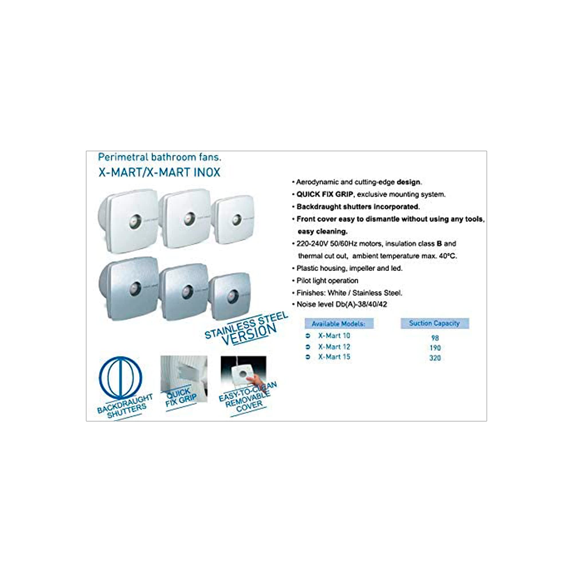 Cata Extractor de Baño X-MART 15S Extracción Perimetral Potencia 25W Fácil Instalación Luz Piloto Protector Térmico Caudal 320m3/h Diametro 150 2100 rpm Ligero 1,02kg Color Blanco