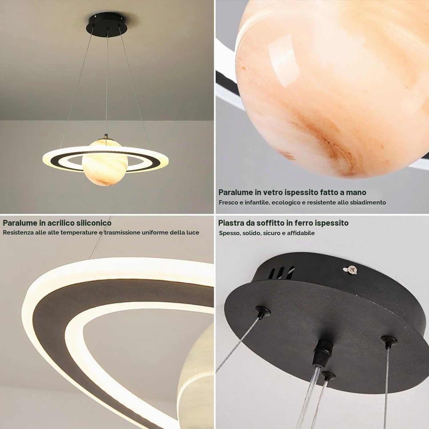 Lampadari a sospensione a forma di pianeta per cameretta dei bambini, lampadario moderno in acrilico per interni, attacco E27, con paralume rotondo in vetro, per soggiorno di ragazzi e ragazze