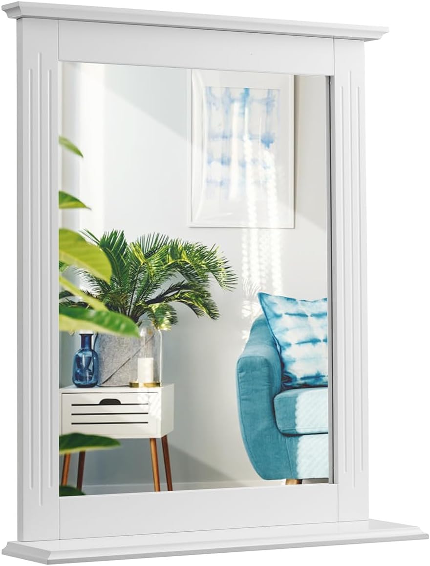 White Bathroom Wall Mirror W/Shelf Durable Square Elegant Vanity Function Makeup Mirror