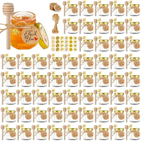 GIVAMEIHF Mini Glass Honey jars-1.5 oz,60pcs Hexagon Honey Jars with Wood Dipper,Stickers,Bee Pendants,Tags,Rope,Small Honey Jars with Lids,Perfect for Wedding Favors,Jams,Baby Shower,Party Favors Cover