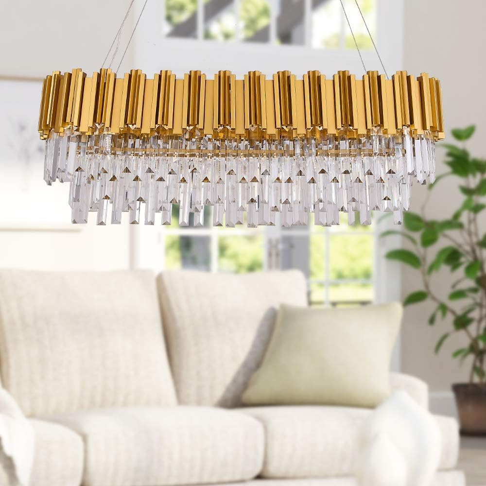W35 Linear Modern Crystal Chandelier Lights Luxury Pendant Ceiling Light Oval Raindrop Contemporary Chandeliers Lighting Fixture for Dining Living Room Kitchen Island Bedroom Gold