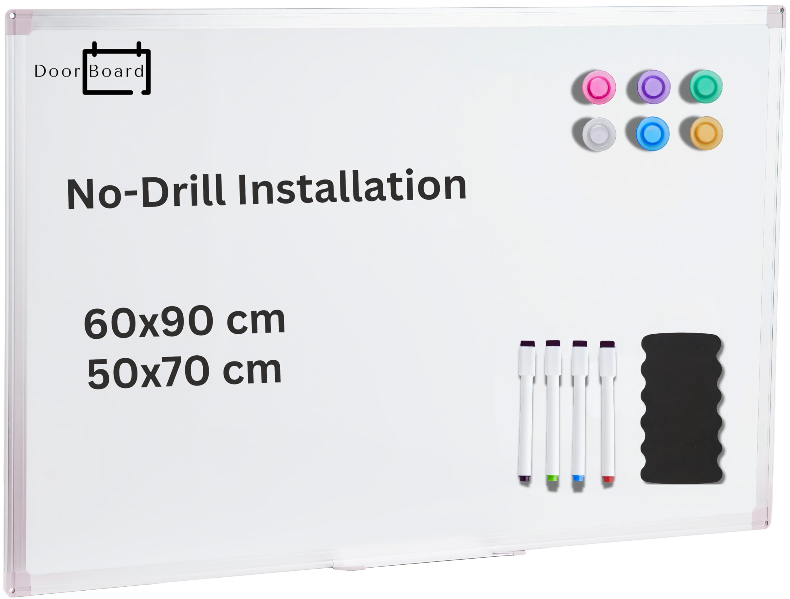 DoorBoard No-Drill Magnetic Whiteboard for Over-Door and Wall-Mount, 50X70 CM Portable White Board with Aluminium Frame | Includes Marker Pens, Magnets and Eraser