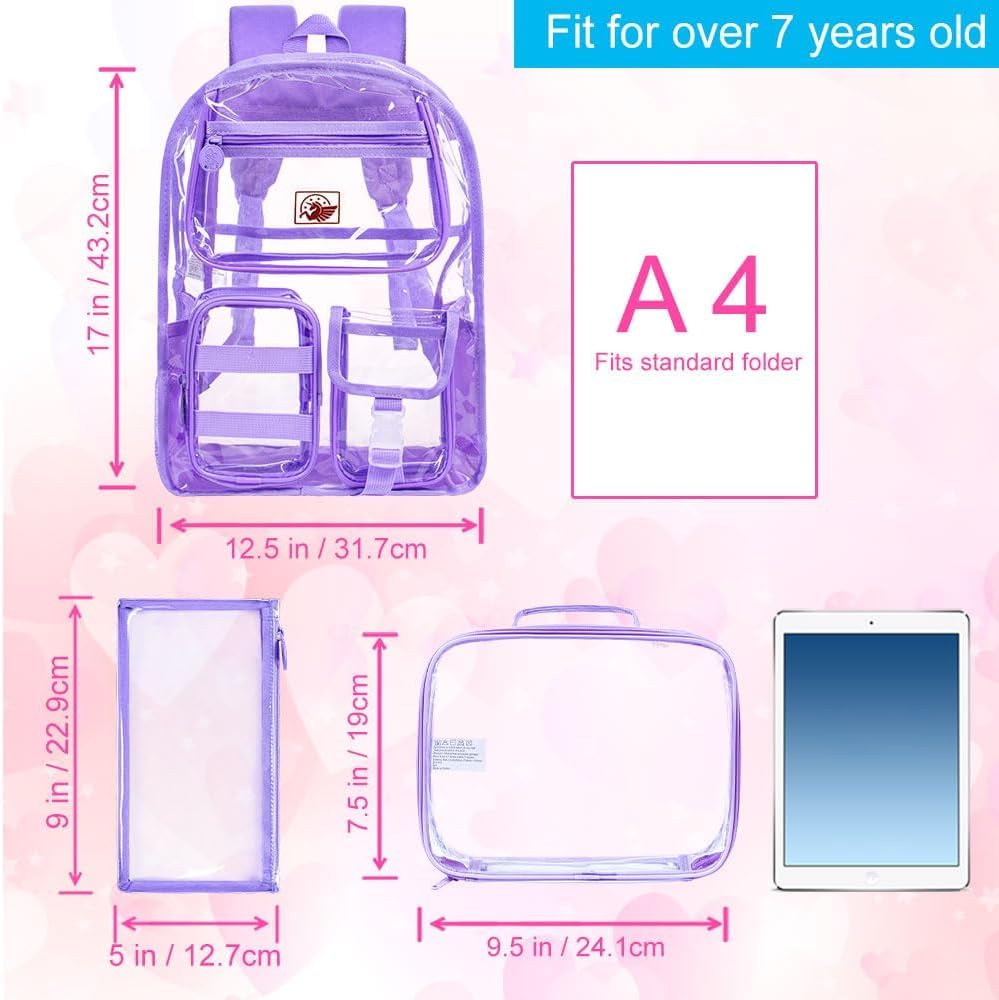 CCJPX 3Pcs Clear Backpack for Girls, School Transparent Bookbag, Heavy Duty See Through Backpacks for Teens Elementary - Image 4