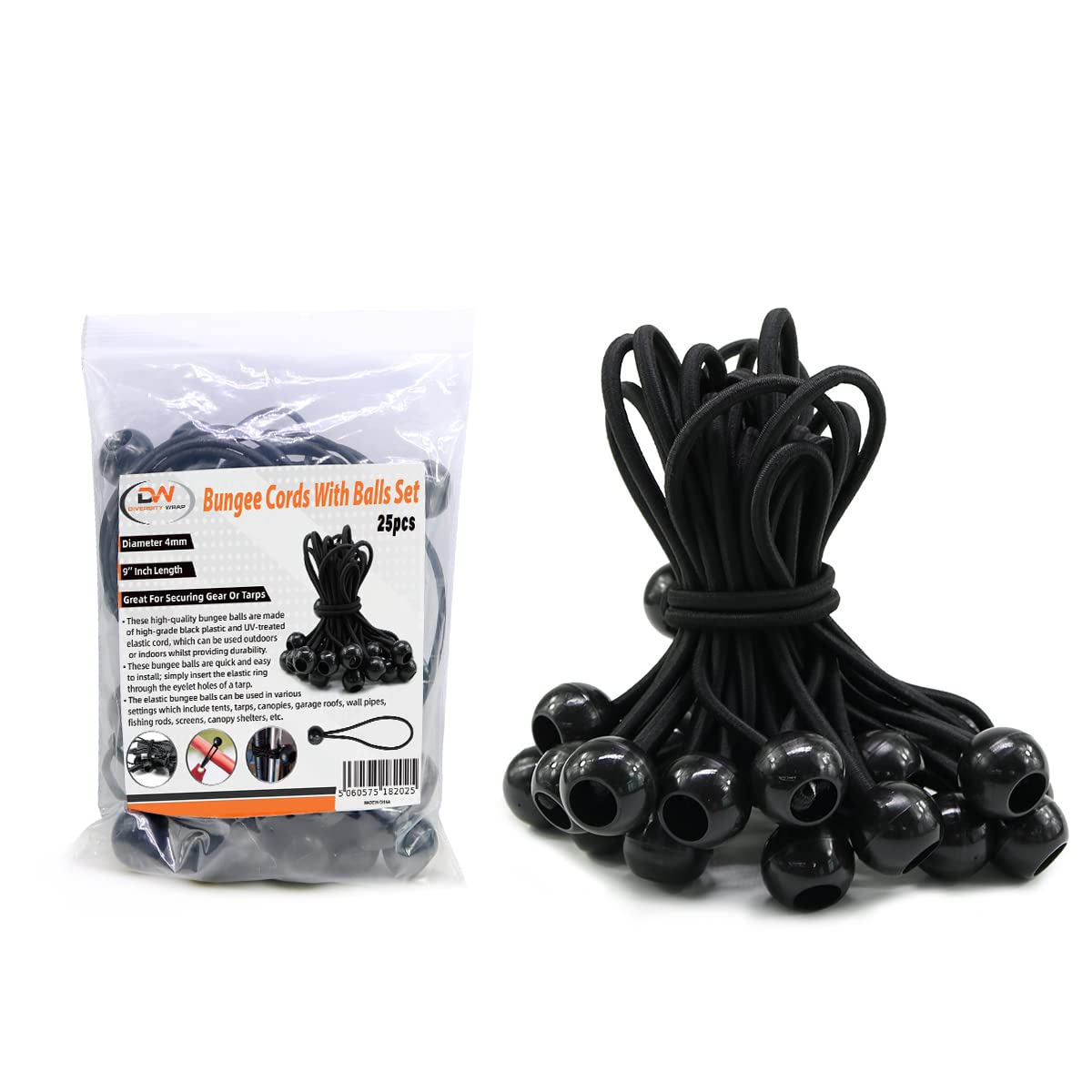 Diversity Wrap 9 Inch Bungee Cords with Balls - Organise Cables Weatherproof 25 Pack Elastic Bungee Cords with Balls Set - Black Elastic Cord for Tarpaulin, Tents, Canopy, Banners and Camping Tarps.