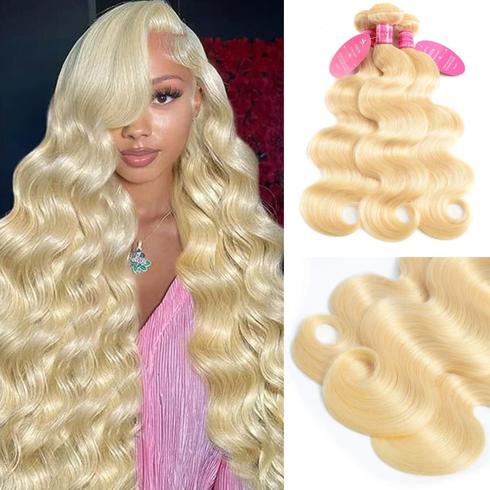 613 Blonde Bundles with Closure Brazilian Body Wave 3 Bundles with Closure Blonde Human Hair Bundles with Closure Remy Hair (22 24 26 + 20, 613#)