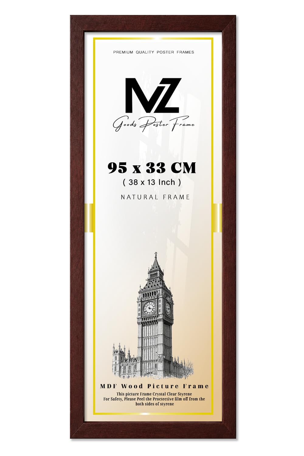 MZ GOODS | Mahogany (95 x 33 CM) Poster Frame - 950 x 330 mm Photo Frame for Posters and Prints – Solid Eton wood, Home Décor 3' 1" x 1' 1" [ Mahogany ]