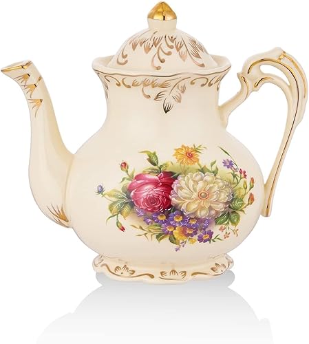 Tetera de cerámica, 25 onzas3 tazas, tetera pequeña de porcelana floral vintage marfil con borde dorado, estilo europeo, regalo para mujeres, ideas