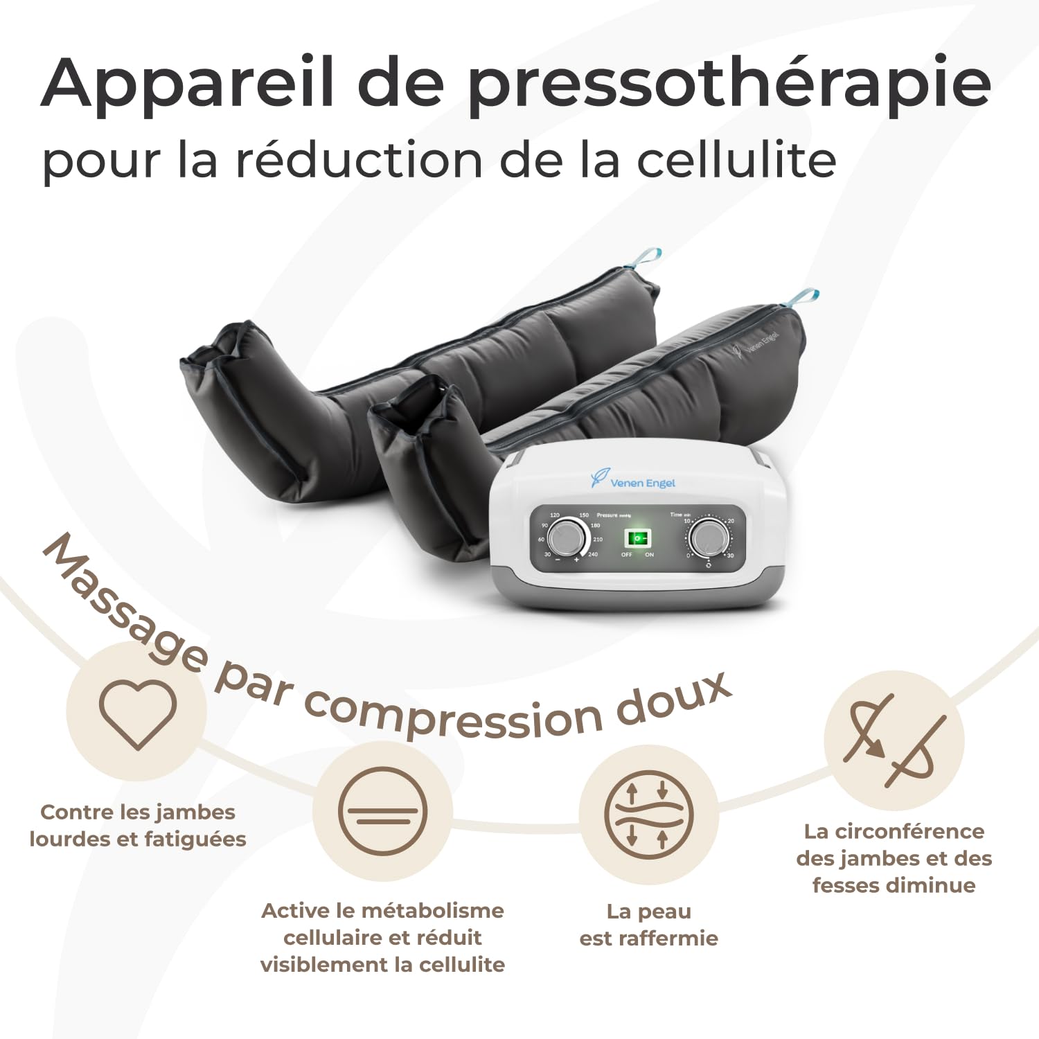 Vein Angel ® 4 appareil de massage par glissement avec bottes, 4 coussins d'air, durée & pression réglables facilement