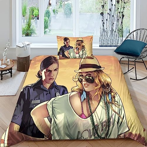GTABedding Set Pieces Soft Microfiber with Pillowcases Duvet Cover Set GTA GTA5 Rockstar Games Grand Theft Auto Quilt Cover 3D Bedding with Zipper Closure for Kids Teens Adults Single（135x200cm）