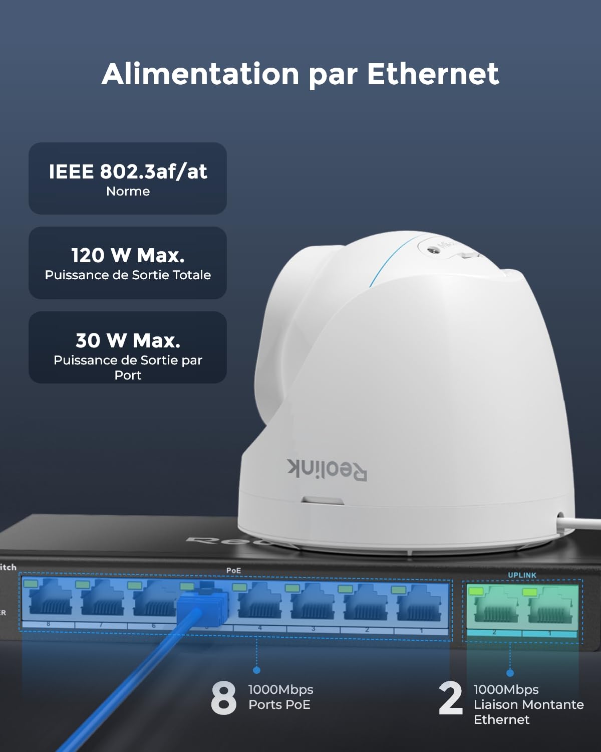 Reolink PoE Switch à 8 Ports PoE, 2 Ports Gigabit Uplink, jusqu'à 120W au Total pour Tous Les Ports PoE, idéal NVR PoE IP Cameras, IEEE802.3af/at, Desktop/Wall Mount, RLA-PS1