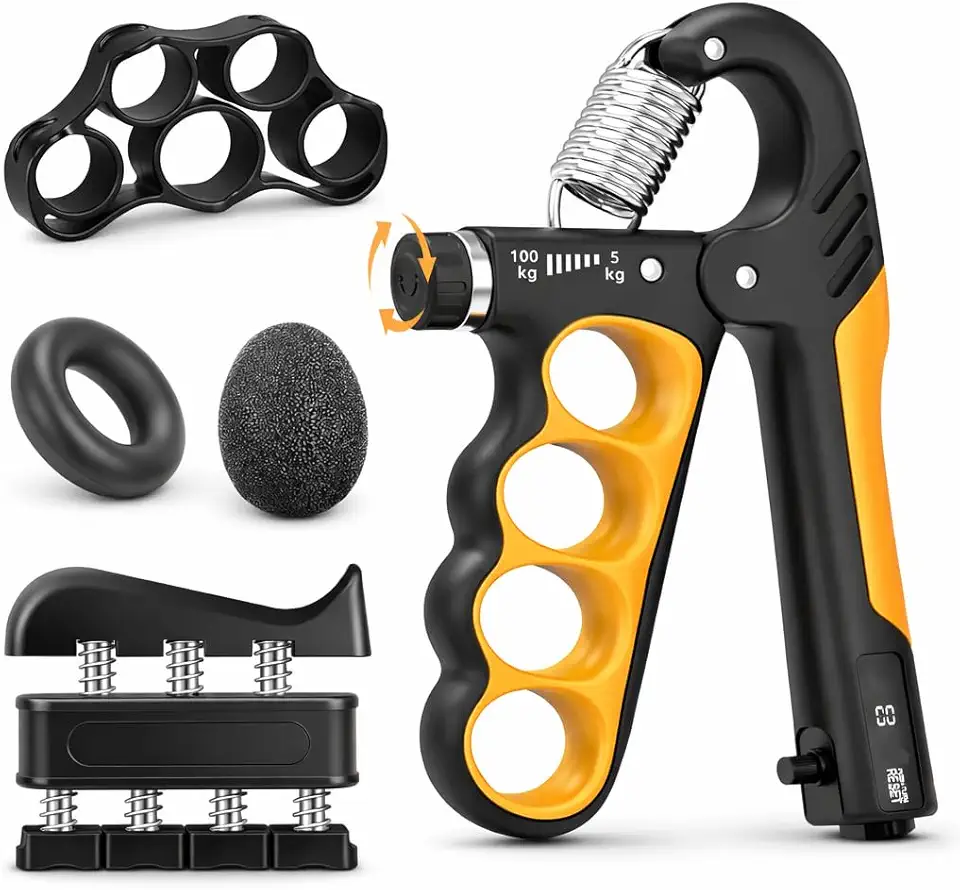 5 Peças Hand Grip Ajustável 5–100kg com Contador, Exercitador de Mãos e Dedos, Fortalecedor de Antebraço, Bolinha Fisioterapia Mão, Equipamentos de Fisioterapia para Treino, Reabilitação e Alívio do Estresse com Design Ergonômico
