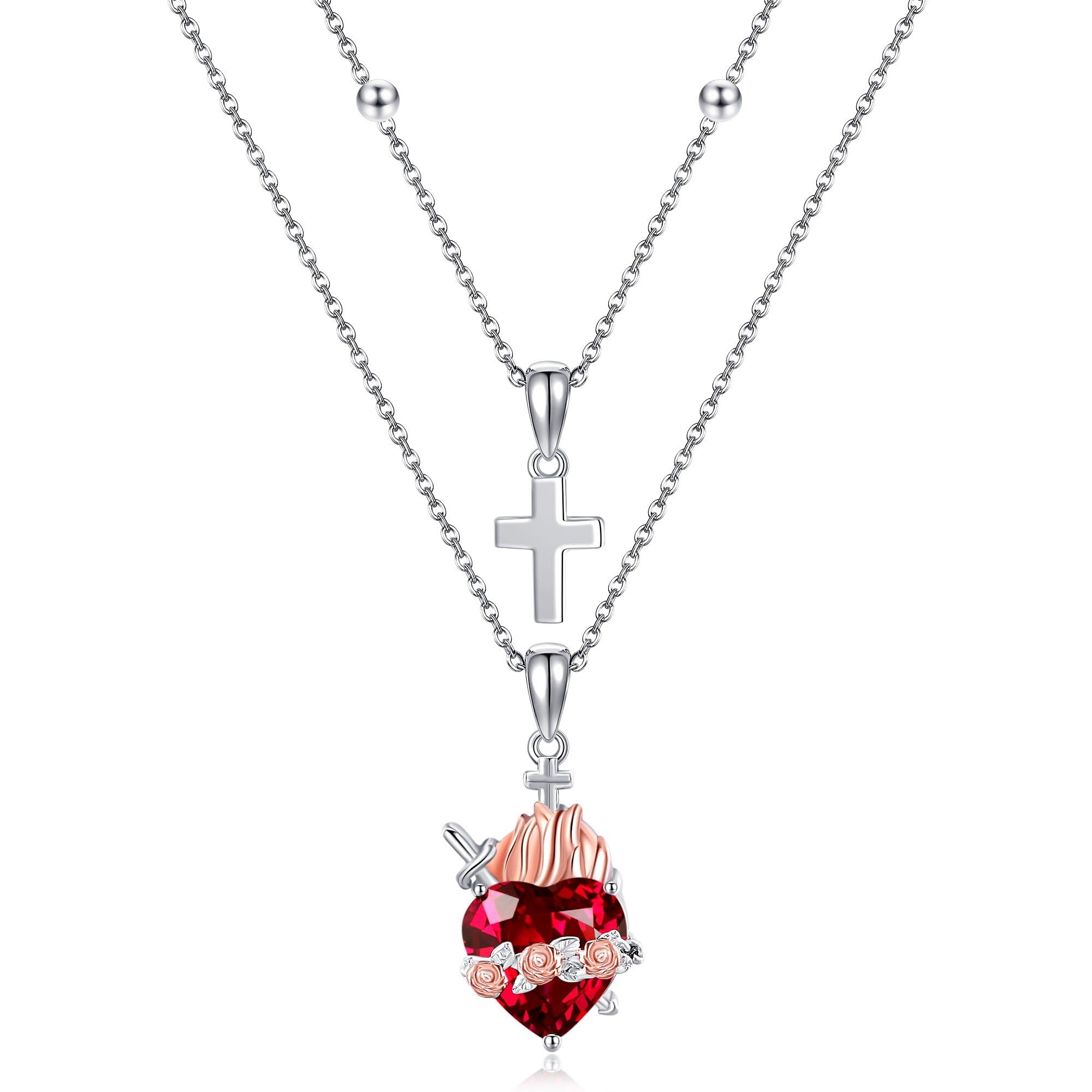 Collar de corazón sagrado de plata de ley con colgante de corazón sagrado de Jesús para mujer