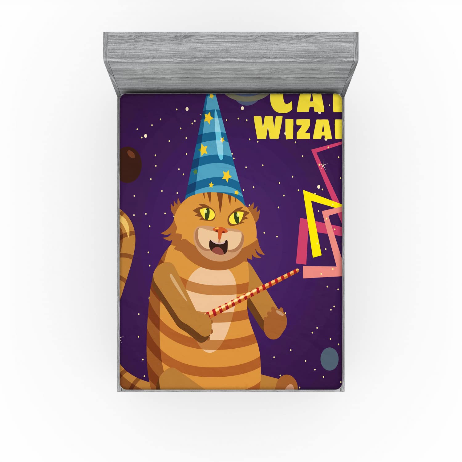 Ambesonne Humorous Fitted Sheet, Cat Wizard Funny Cartoon Cat Character with Magician Hat in Outer Space, Soft Decorative Fabric Bedding All-Round Elastic Pocket, Full Size, Quartz and Multicolor