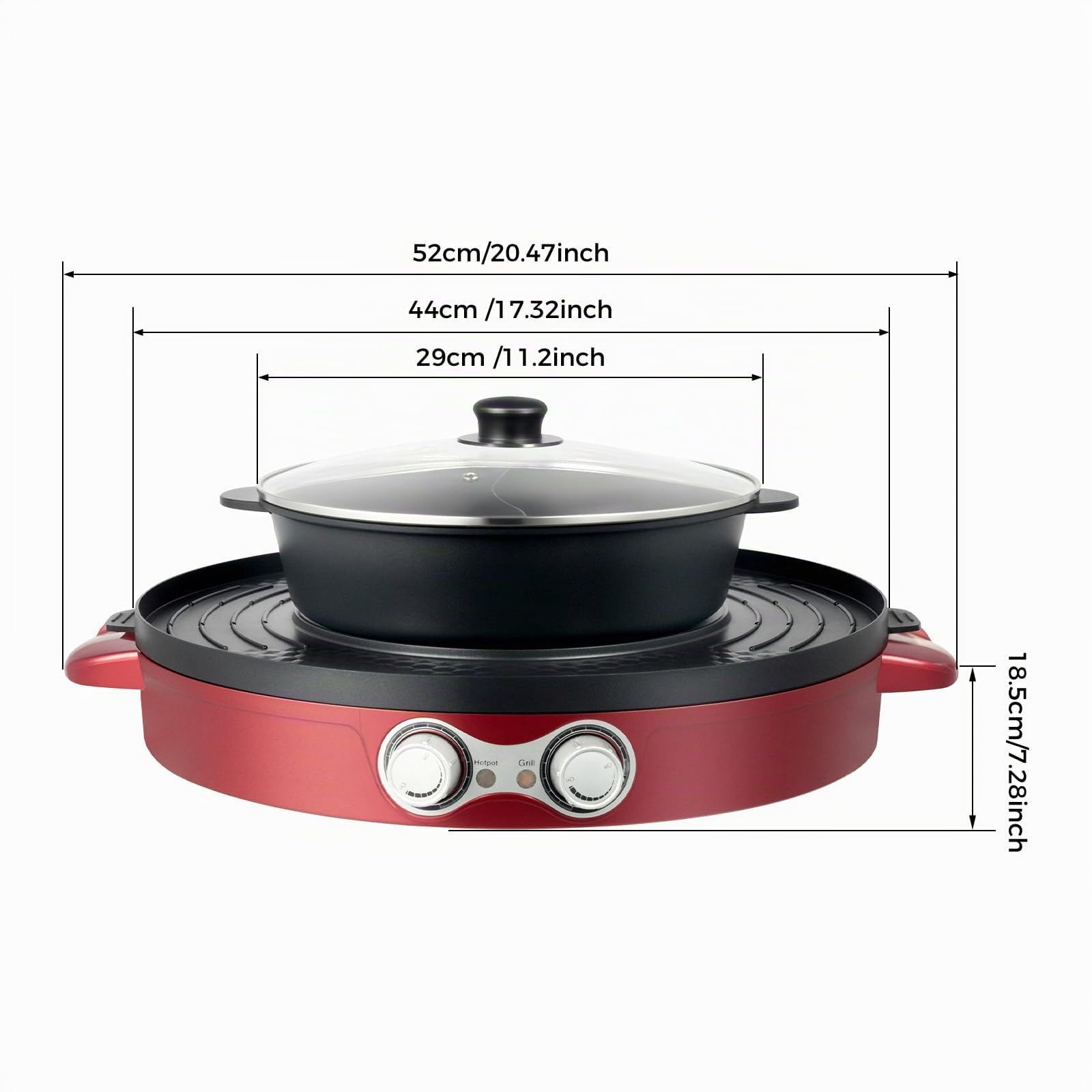 Hot Pot Poêle électrique 2200 W avec grille et séparateur multifonction 2 côtés antiadhésif et grille de table 2 en 1 pour 2 à 8 personnes Rouge 52 x 18,5 cm