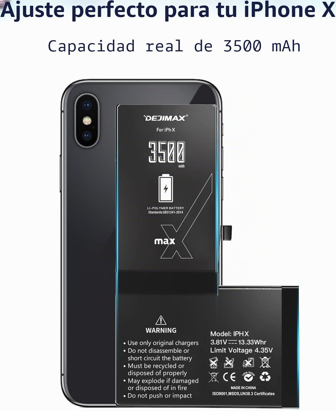 Batería para iPhone X, 3500mAh Alta Capacidad Batería para iPhone X con Kits de Herramientas de Reparación,2 Años de Garantía