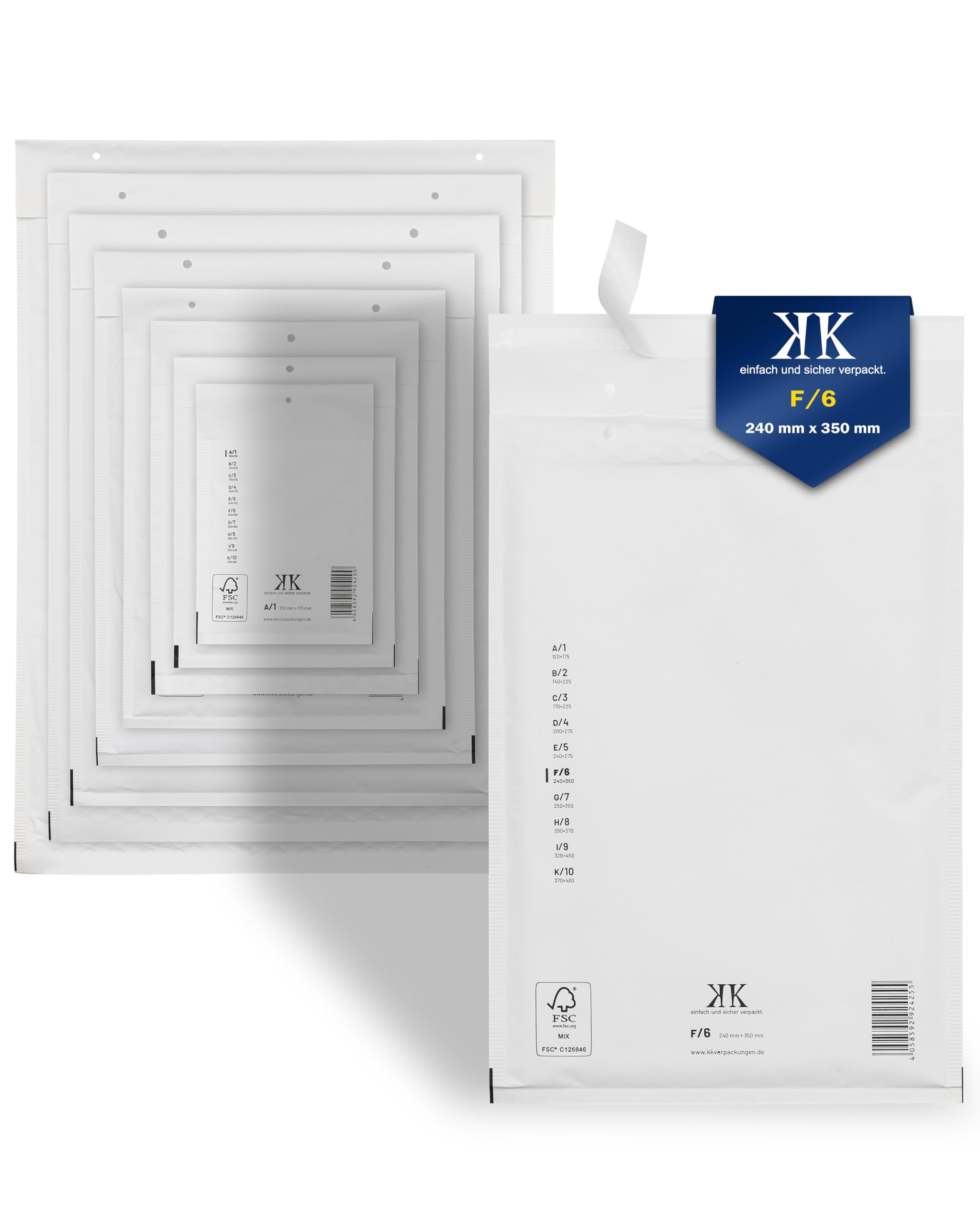 KK Verpackungen 300x Luftpolster-Versandtaschen F6 F/6 240 x 350 mm (Außenmaß) in Weiß | Luftpolsterumschläge Luftpolstertaschen selbstklebend für DIN A4+