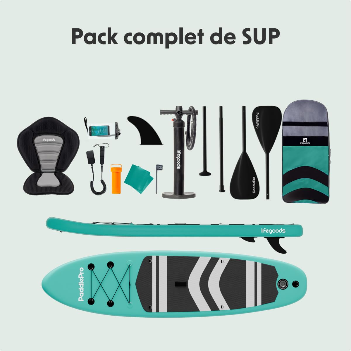 LifeGoods Paddle Gonflable Adulte - Stand Up Paddle Board - Set Complet - Pagaie Réglable - Pompe Incluse - Max. 150KG - 320x81x15cm