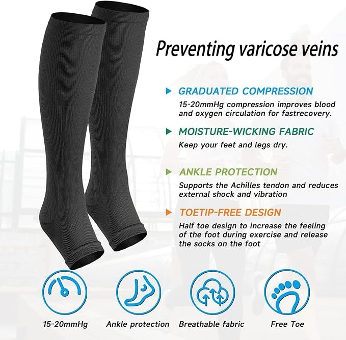 Image of Toeless Compression Socks 15-20 mmHg, 2 Pairs open toe Knee High Support | reduce leg fatigue, and keep feet comfortable for travel, pregnancy, nurses, running