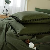 Vista 3 de Juego de funda de edredón verde oliva oscuro tamaño matrimonial, de 3 piezas, estilo rústico bohemio, con pompón y fleco, de microfibra, funda
