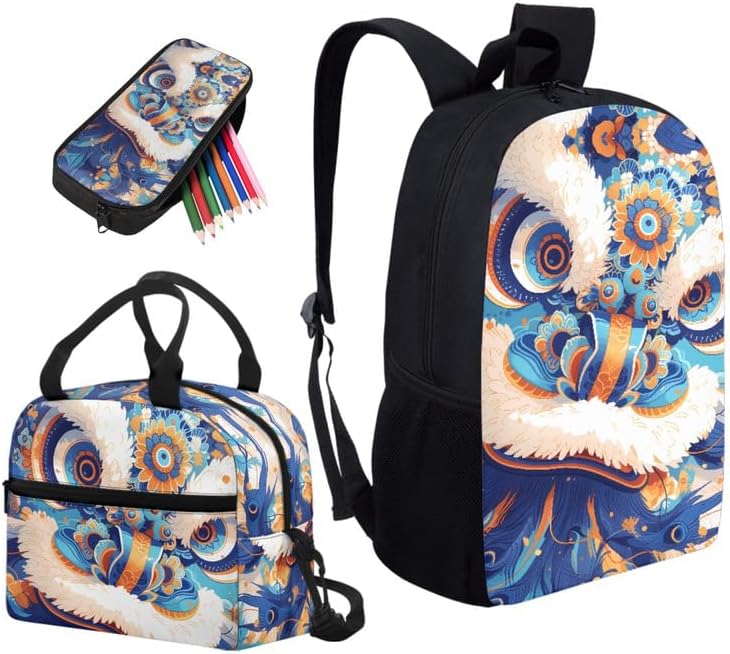Retro Chinese Lion Dance Print Students School Backpacks with Lunch Box Cartoon Blue Lotus Flower Pencil Case Bags Travel Daypack Bookbag Set for Student