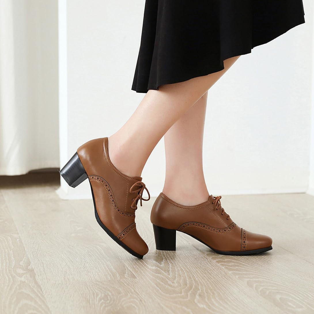 Women's Oxfords Wingtip Lace Up Chunky High Heels Pumps Square Closed Toe Vintage Brogue Dress Shoes - Image 9
