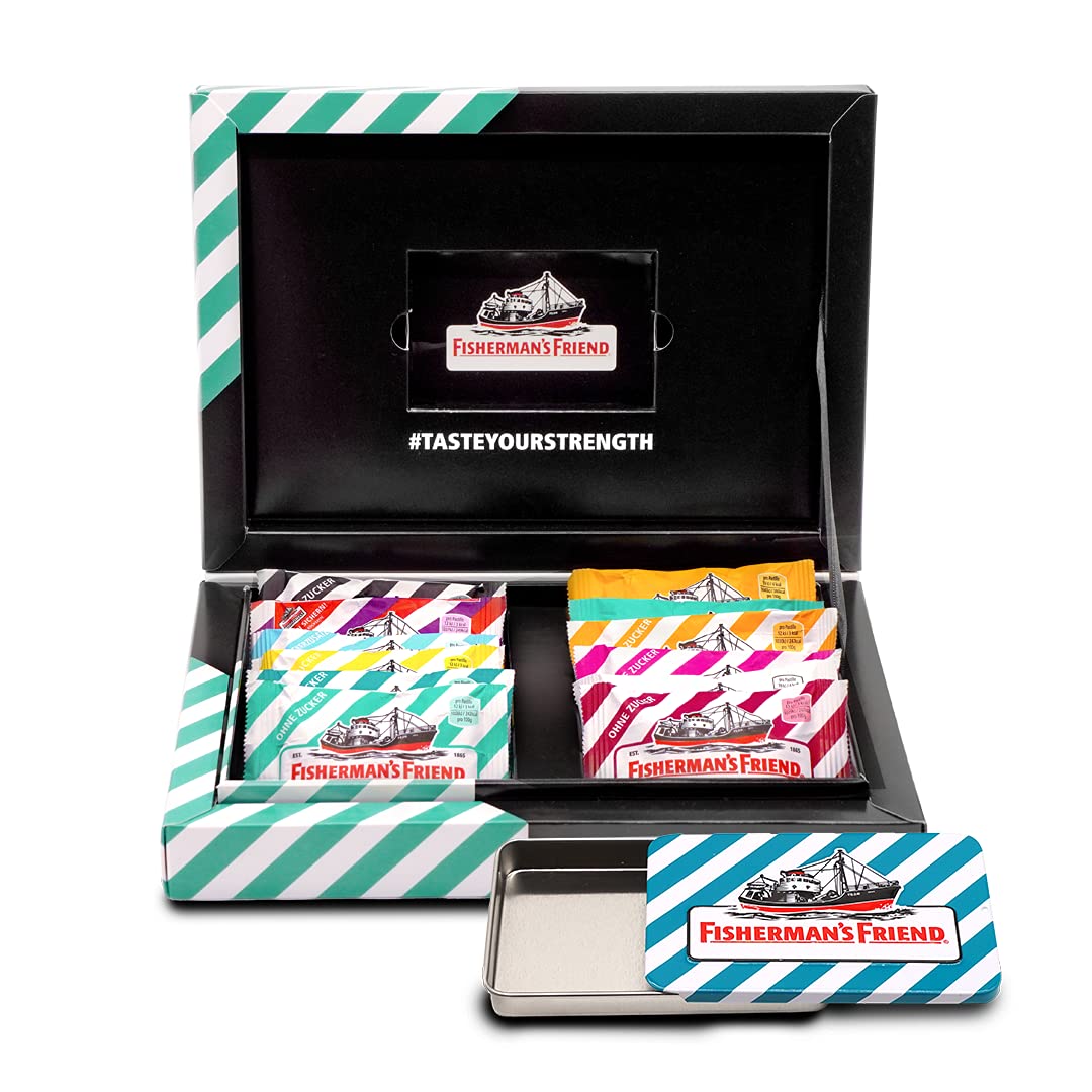 Fisherman's Friend Friendship Selection, Exklusive Geschenk-Box mit 12 Sorten, Probier-Set mit gratis Sammel-Dose, Bonbons für frischen Atem, 12 x 25g