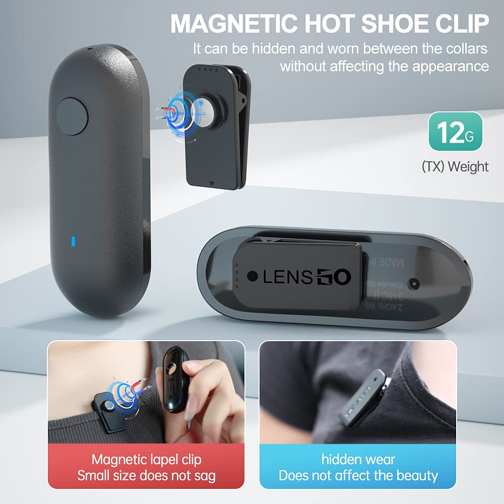 LENSGO Microfono Lavalier a doppia clip da 2,4 GHz per Canon Nikon Sony DSLR Camera Camcorder Android Ricaricabile Lapel Mic per Registrazione Video Intervista TikTok YouTube Live Streaming-N