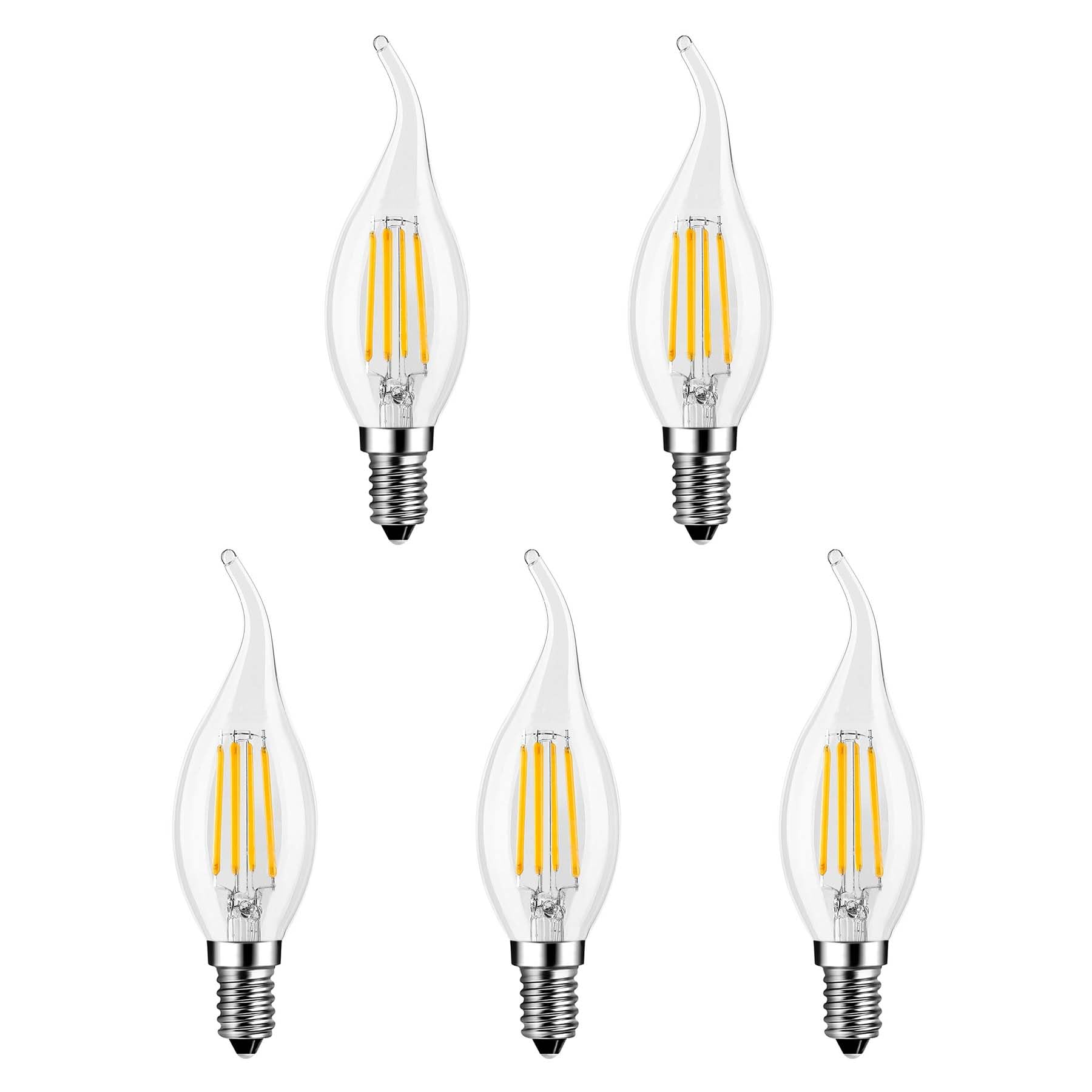 G.W.S® LED Filament Bulb, C35 E14 Small Edison Screw, LED Flame Tip Candle Bulb, 4W Dimmable Warm White 2700K, Clear Glass, Pack of 5