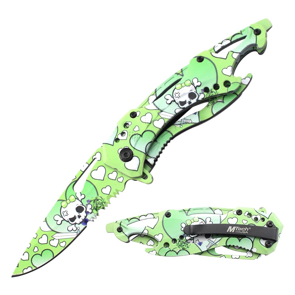 MTECH USA Folding Knife, 3.75-Inch Half-Serrated Blade, Titanium Coating, Glass Breaker, Pocket Clip