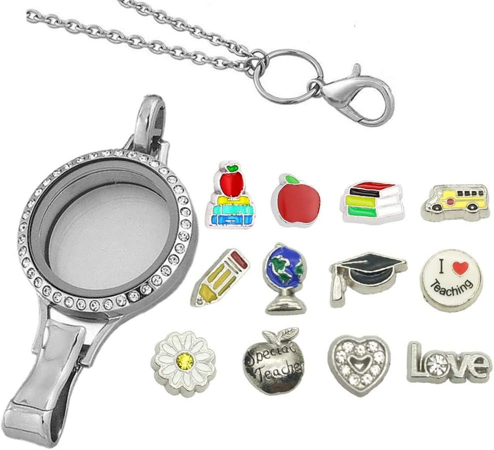 School Teacher Floating Locket Lanyard with ID Keychain Name Card Holder Teacher School Floating Charm Lanyard Necklace Back to School Teacher Graduation Present (Magnetic Open)