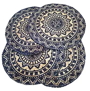 Osric Pack of 4 Round Braided Jute Placemats for Bed-Side Table/Center Table Dining Table/Shelves, Printed Jute. 35 cm(jut1145)