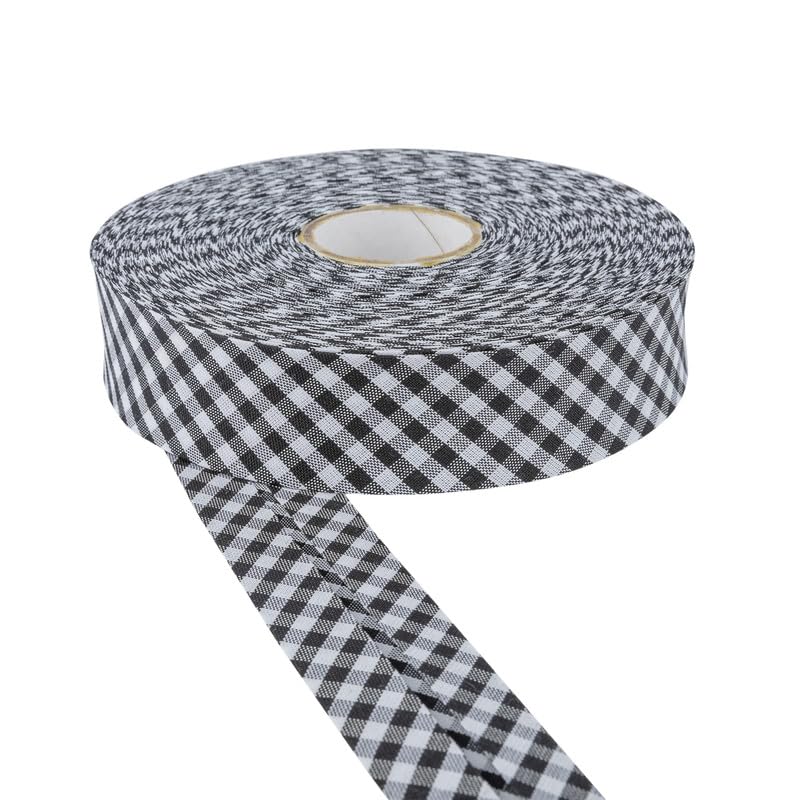DLF 30mm Cotton Gingham Bias Binding Tape |Double Fold– 5m & 25m Options |Soft Edging for Sewing, Bunting, Crafts, Quilting, Piping & Garment Finishing(Black, 25m)