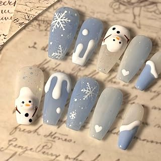 Arte de uñas navideño hecho a mano con armadura, muñeco de nieve azul fresco y lindo, parche de uñas de fototerapia desmontable 10 Uds (Color : S)