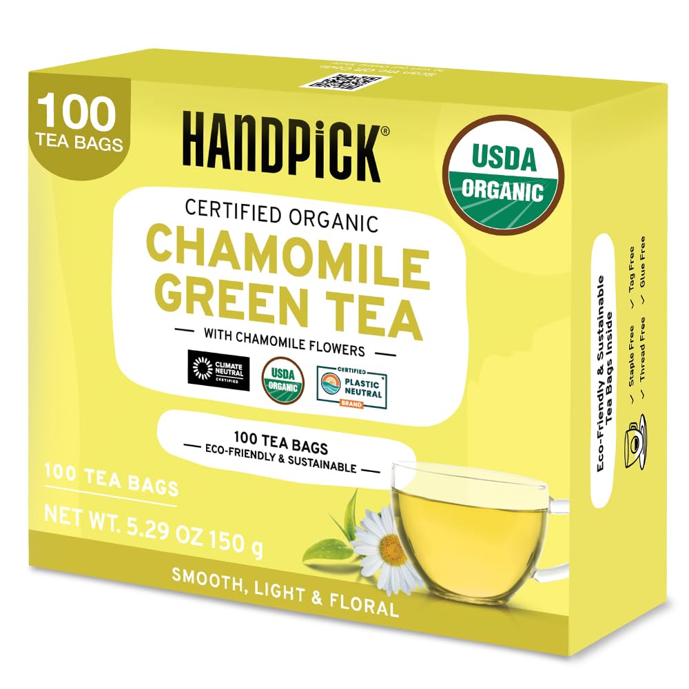 HANDPICK USDA Organic Green Tea With Pure Chamomile (100 Tea Bags), Made with Himalayan Green Tea and Natural Chamomile Flower Leaves