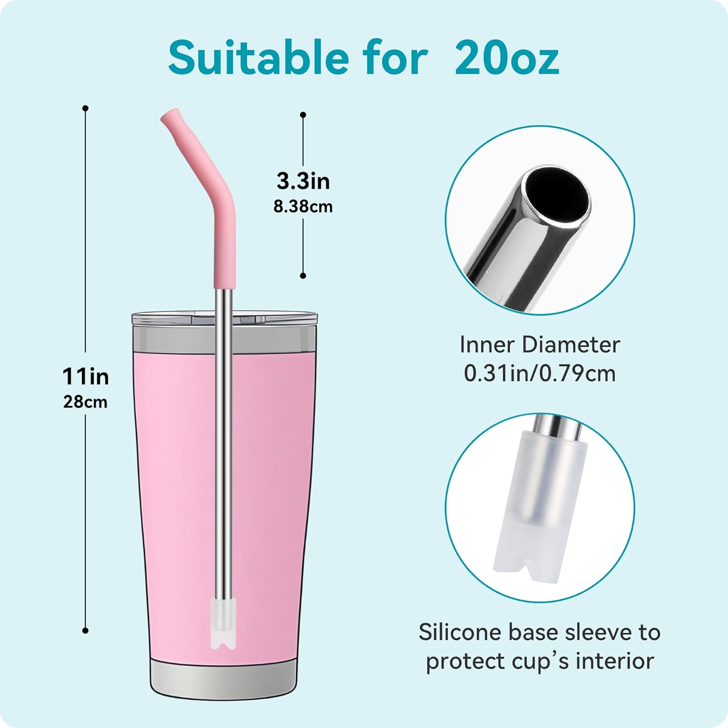 20 oz Straight Metal Straws with Silicone Tip for 20 oz Tumbler, 6 Pcs Stainless Steel Reusable Drinking Metal Straw for YETI, STANLEY, US Acrylio, BJPKPK, Simple Modern and so on - Image 4