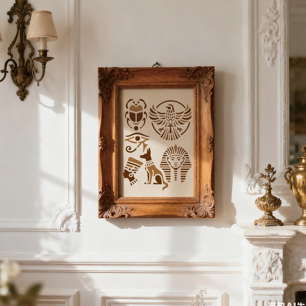 6 fogli stencil geroglifici per pittura, 2 misure antico egiziano riutilizzabile modelli da disegno icone egiziane per dipingere su parete legno decorazione per la casa, 20 x 15 cm/29,7 x 21