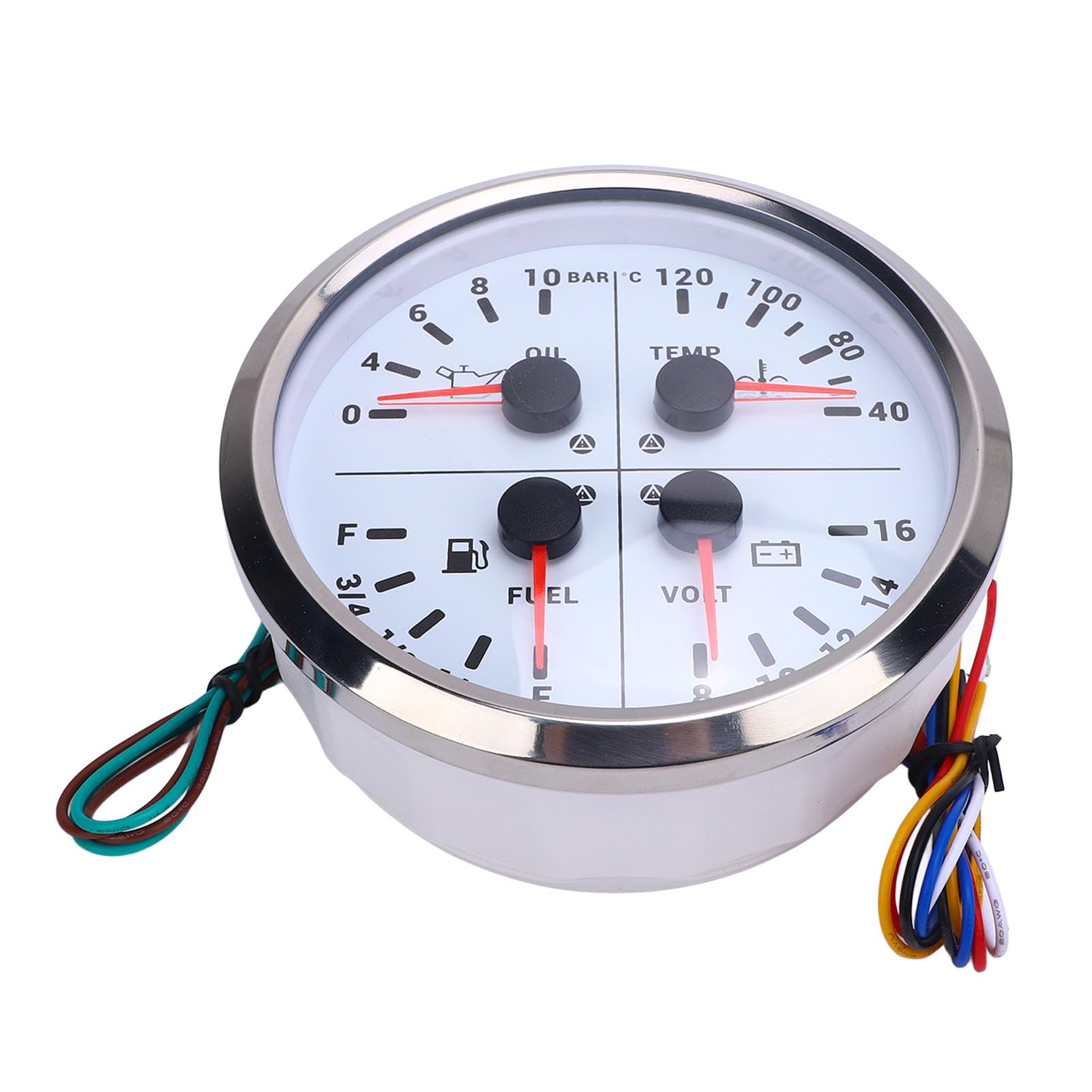 Drfeify Wielofunkcyjny Wskaźnik 4 w 1 Cyfrowy Poziom Paliwa Ciśnienie Temperatura Wody Woltomierz Metal 4 3 8 Cali 104 do 248F 0 do 10 Barów 8 16 V dla RV Yacht Truck Van (Srebrna ramka z białą