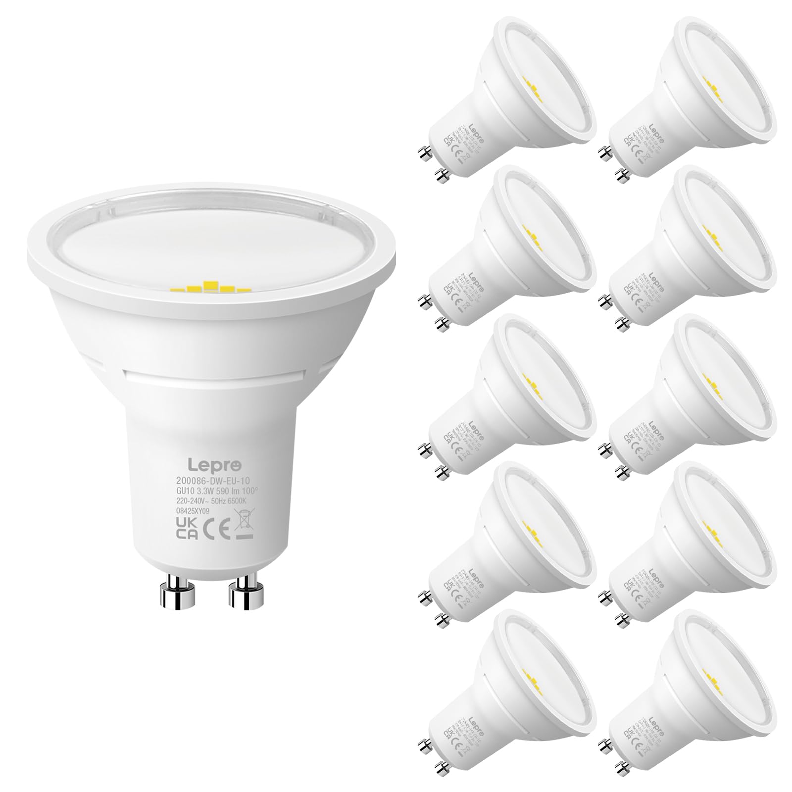 Lepro White Gu10 Led Bulbs, Cool 6500K, A Energy Class, 590Lm, 3.3W (50W Equivalent), 100° Wide Beam Angle, 50000H Long Life, Energy Saving Led Spotlight Bulb, Non-Dimmable, Pack Of 10