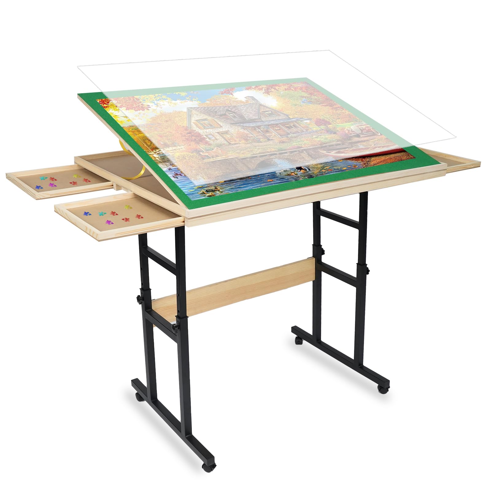 Table de Puzzle Jifenkla 1500 Pièces avec Pieds, 89 x 69 cm, Hauteur et Angle Réglables, Roues, 4 Tiroirs et Couvercle, Cadeau d'Anniversaire pour Adultes