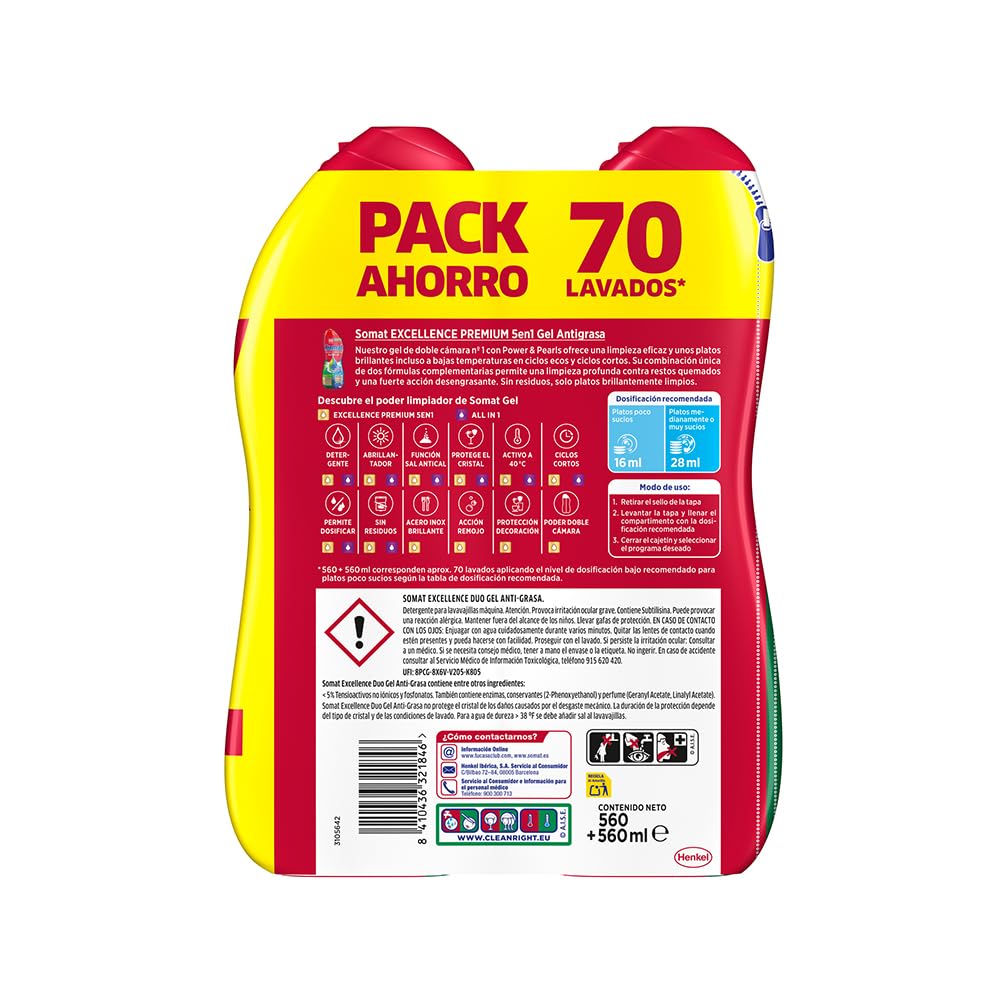 Somat Excellence Gel Anti-Grasa (70 lavados), detergente lavavajillas desengrasante, lavavajilla líquido automático en botella, jabón para platos con desengrasantes activos