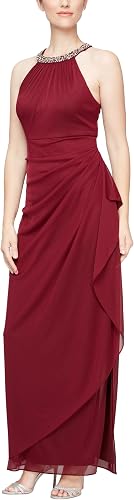 Alex Evenings Women's Long Formal Stretch Mesh Beaded Halter Neck Dress, Wine, 1