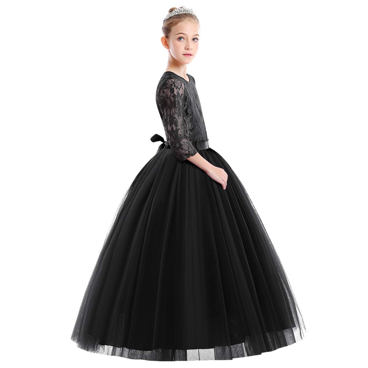 ABEHIK Vestito da principessa per ragazze con fiori in pizzo, abito da principessa, maniche a sette quarti, abito da sera floreale per bambini, in tulle festivo, maxi abito da festa