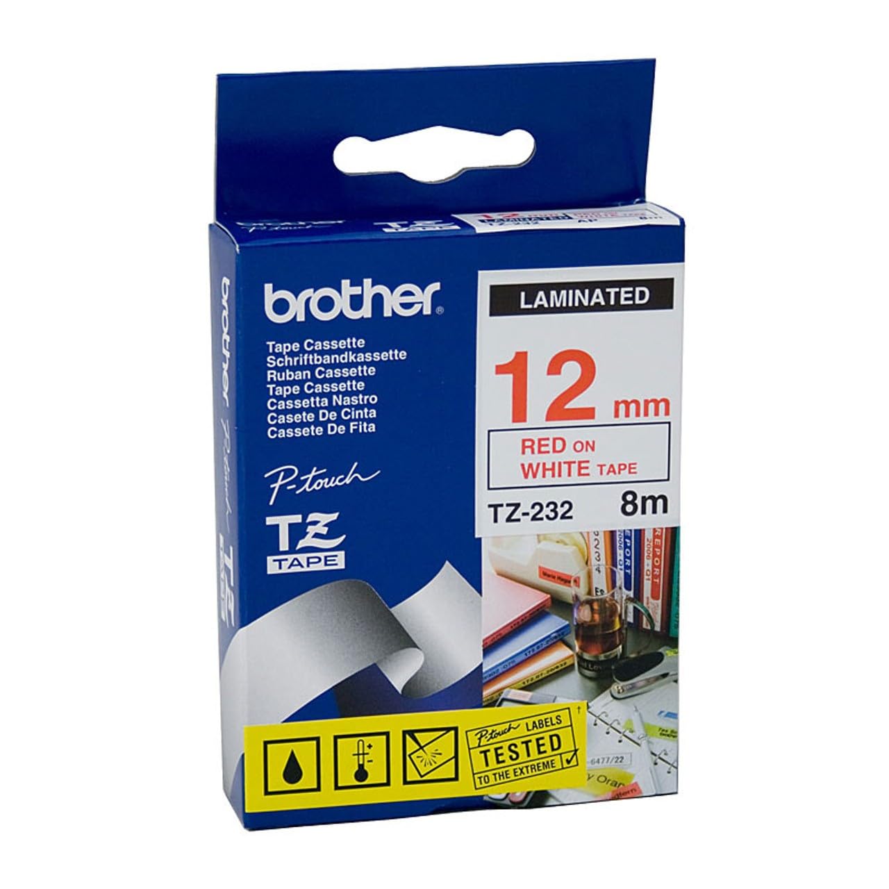Brother TZe 232 Laminated 12 mm Tape Cassette – Red on White