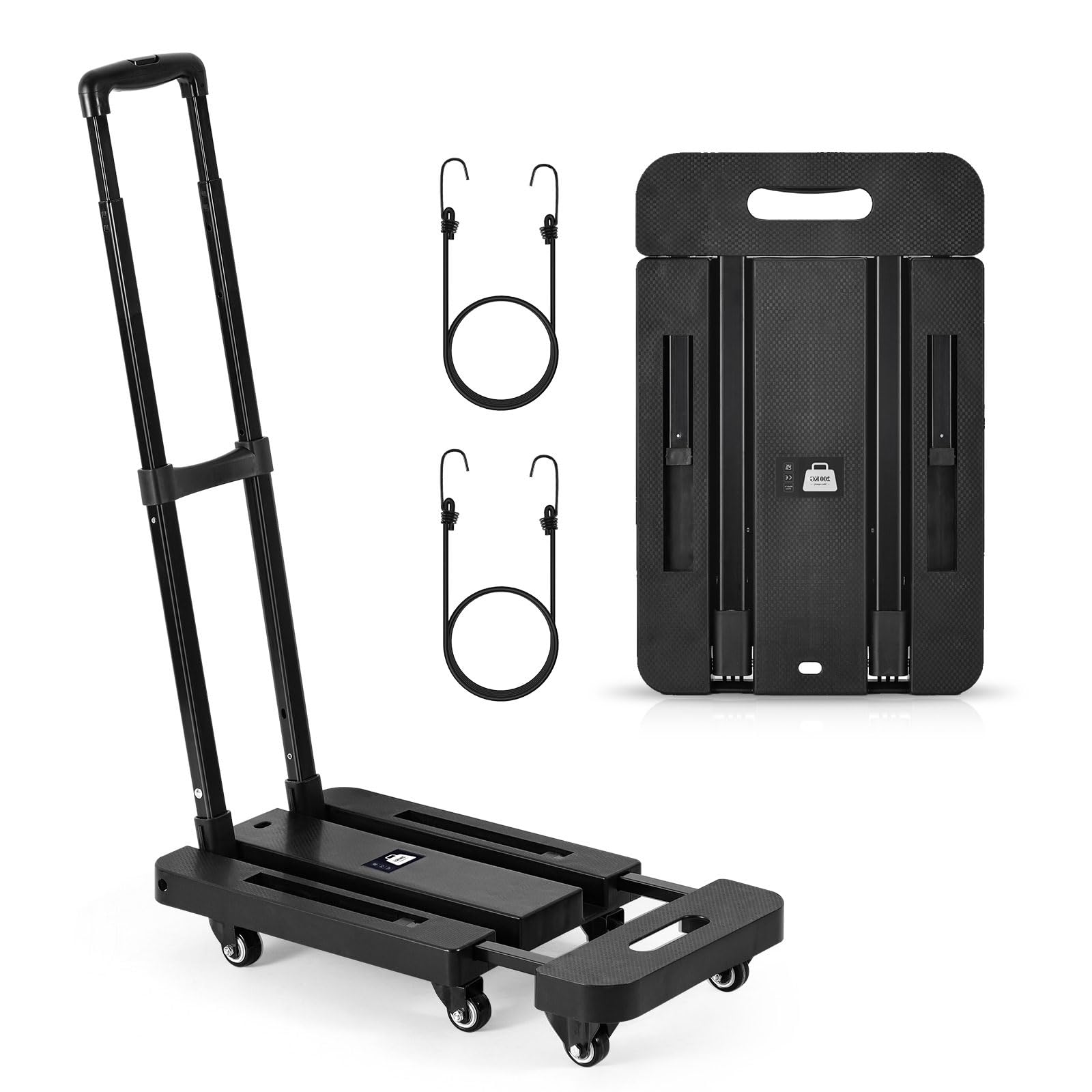 Carrello Pieghevole Marketero Heavy Duty - Capacità 200kg Con 6 Ruote E Corde Elastiche, Per Traslochi, Spesa, Campeggio, Giardino - Nero